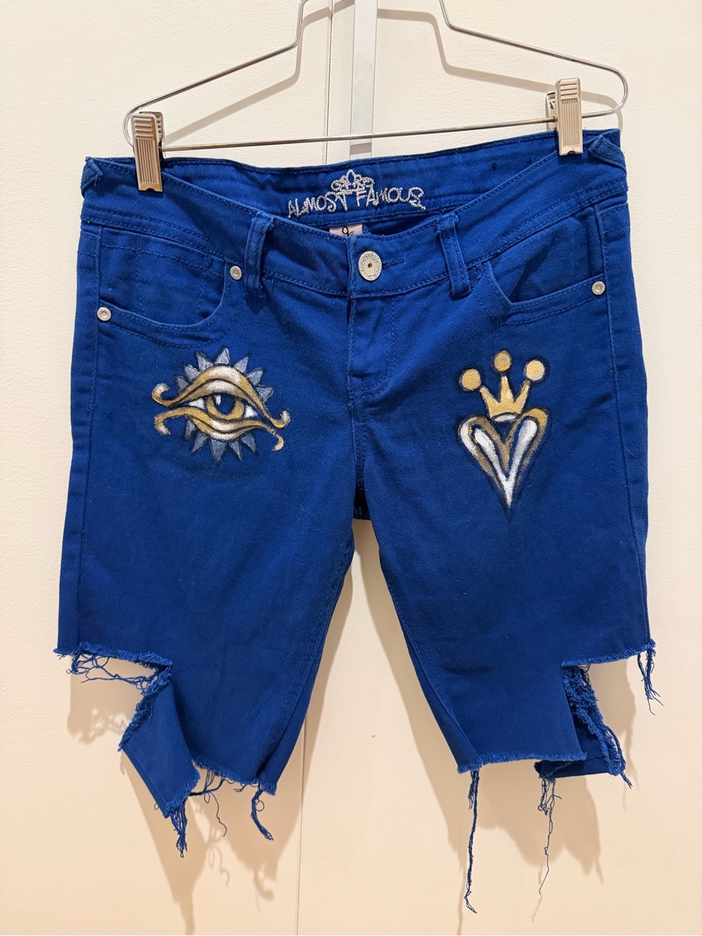Almost Famous Bright Blue Hand-Painted Distressed Jean Shorts